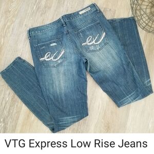 Express Vintage Low Rise Straight Leg Denim Distressed Jeans Sequin Bling Pocket